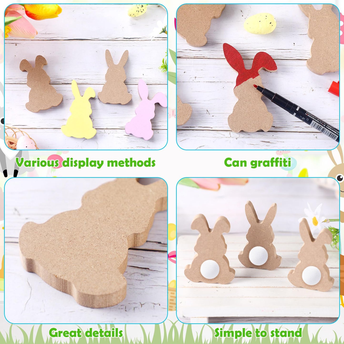 Menkxi 22 Pcs Easter Wooden Bunny Cutouts for Crafts Unfinished Easter Wood Cutouts Bunny Table Sign Rabbit Tabletop Decoration with 22 White Felt Balls Pom Ball 60 Adhesive Dots for DIY Craft Spring