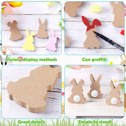 Menkxi 22 Pcs Easter Wooden Bunny Cutouts for Crafts Unfinished Easter Wood Cutouts Bunny Table Sign Rabbit Tabletop Decoration with 22 White Felt Balls Pom Ball 60 Adhesive Dots for DIY Craft Spring