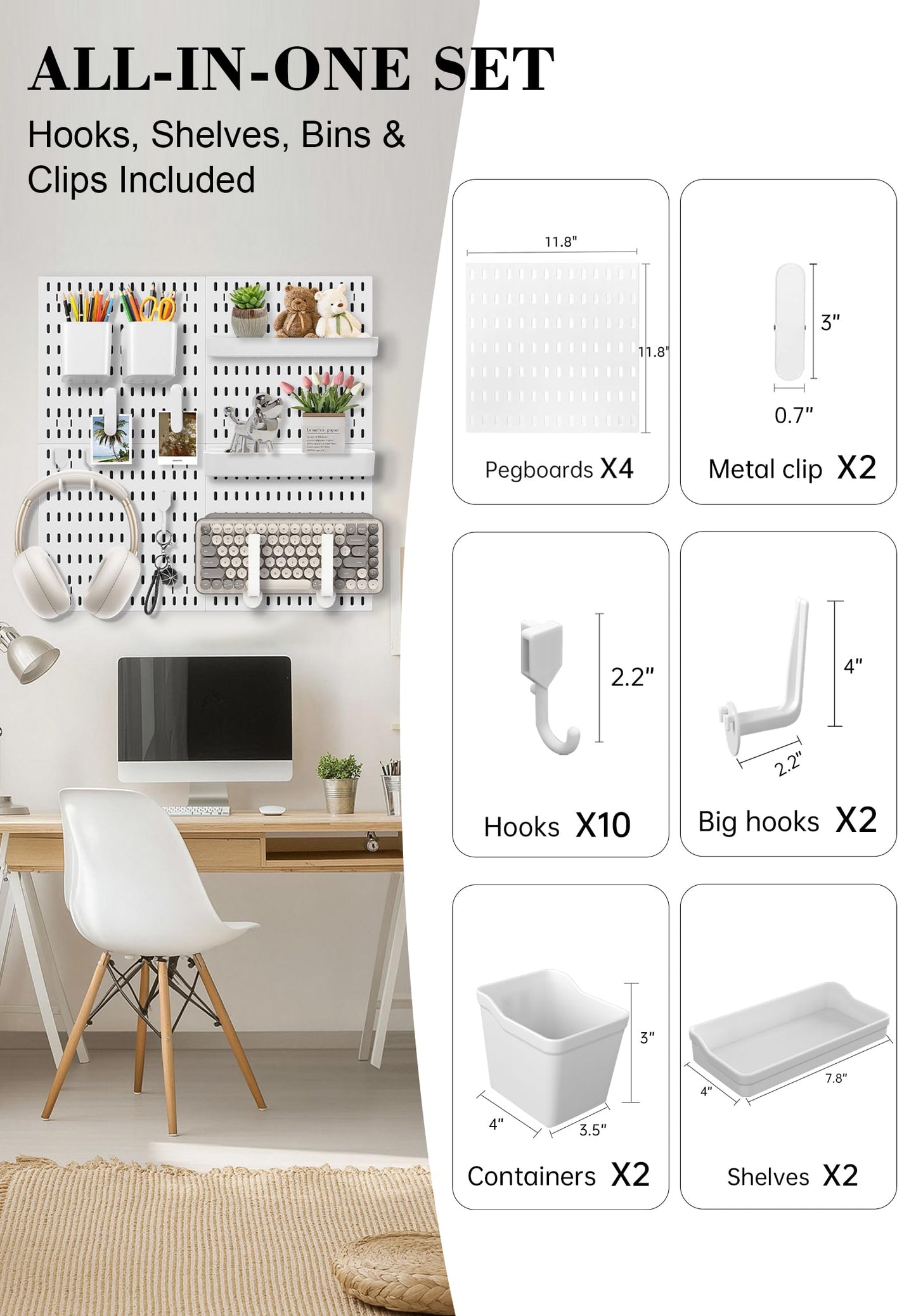 Skwelom Pegboard Wall Organizer Set – 4 Peg Boards with Hooks & Shelves – Office, Kitchen, Gaming Room Desk Pegboard Storage – Peg Board Wall Display Rack (White)