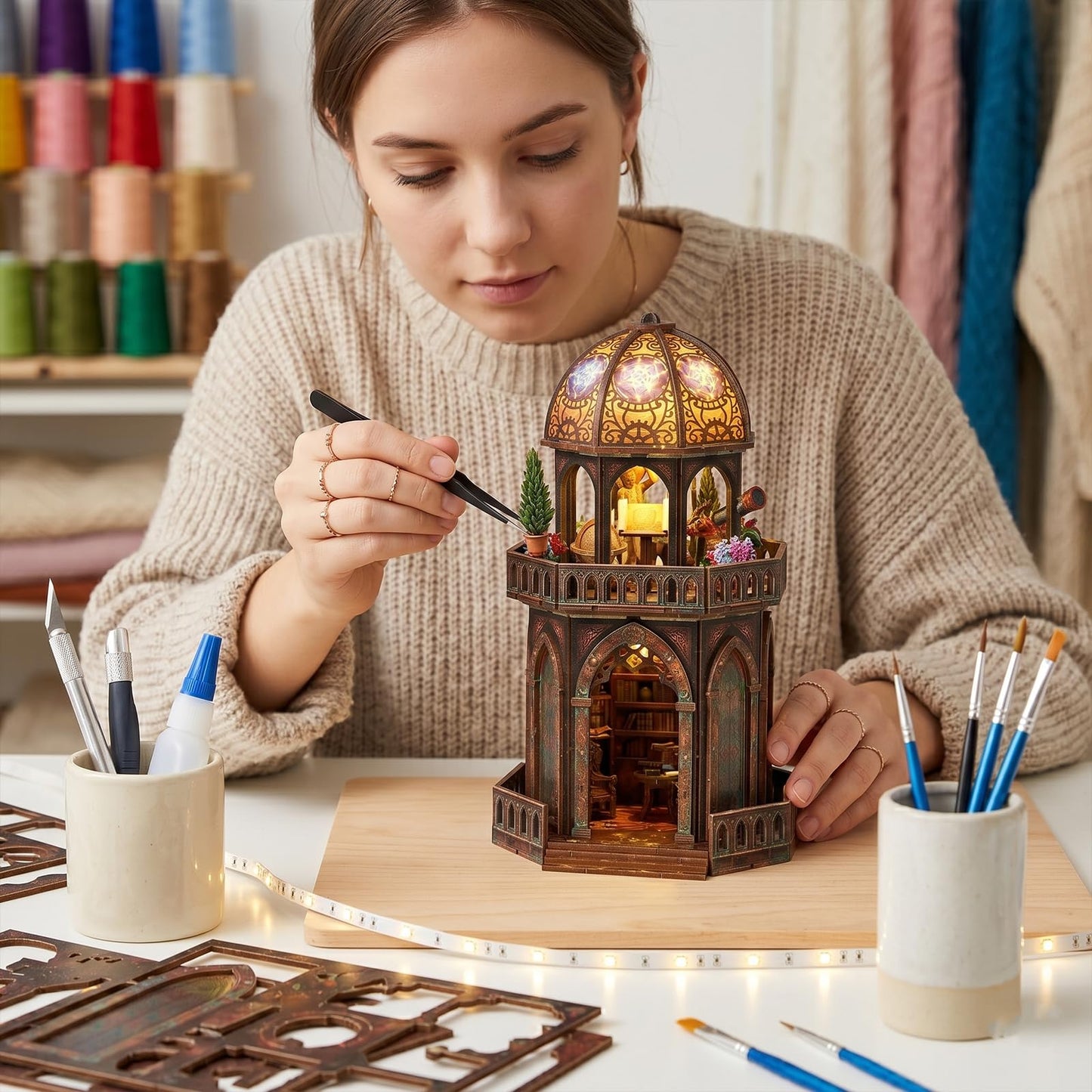 TOYQI Book Nook Mini House Kit, DIY Miniature Dollhouse Booknook for Adults, 3D Wooden Puzzle Bookend Bookshelf Insert Decor, Tiny Stargazing Tower Observatory, Gift for Family and Friends