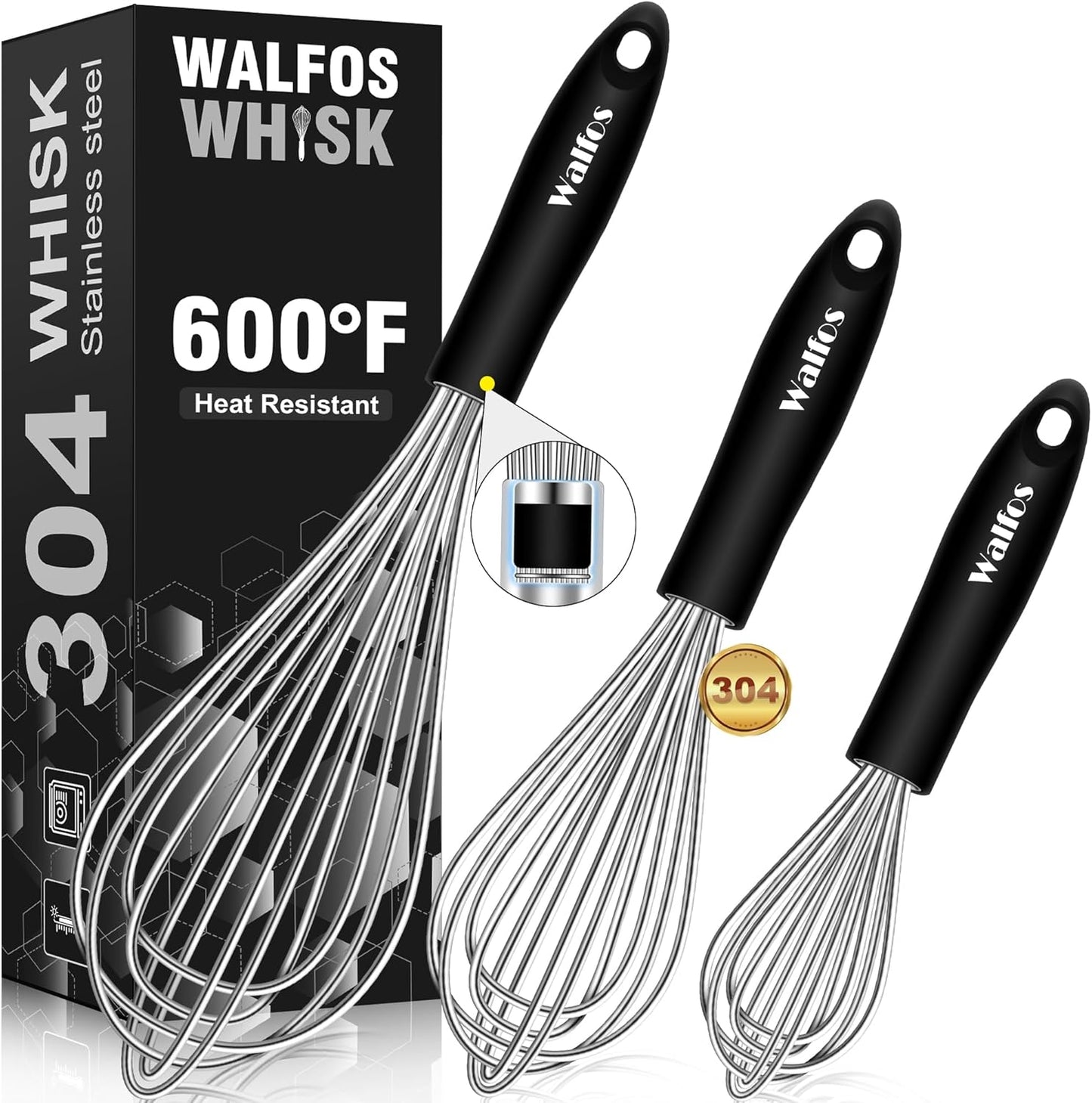 Stainless Steel Wire Whisk Set - 3 Packs (7"+9"+11") Balloon Whisk, Thick Wire Wisk & Strong Handles for Cooking,