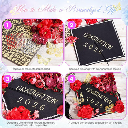 Hoteam DIY Graduation Cap Decorations Kit Included Faux Flowers 3D Butterfly Self Adhesive Rhinestones Glitter Alphabet Letter Stickers for 2026 Grad Cap Topper Party Gifts Decor(Red)