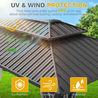 DWVO 12x20ft Aluminum Gazebo Hardtop Double Roof Canopy Outdoor Gazebo Galvanized Roof with Netting and Curtain Garden Tent for Patio, Backyard and Deck