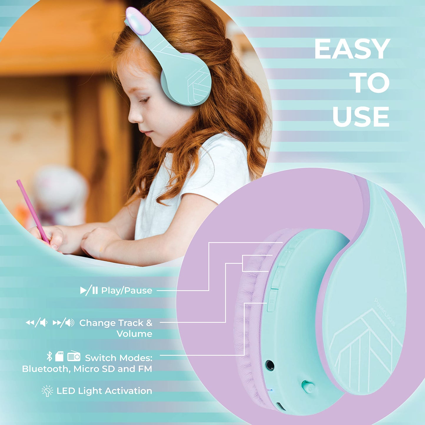 PowerLocus Kids Headphones Over-Ear, Bluetooth Wireless Headphones for Kids,with Microphone, Safe 85DB Volume Limited, Foldable with Carry Case, Audio Cable, Micro SD mode for Online Classes,PC,Phones