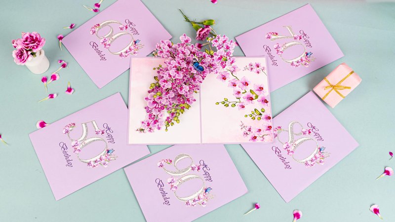 PQ Bees Orchid Happy 90th Birthday Card, 3D Birthday Cards for Women, 6x8in Pop Up Gifts for Mom, Wife, Him, Her, Daughter, Sister, Grandma (Size 6x8 - Happy 90th BD)