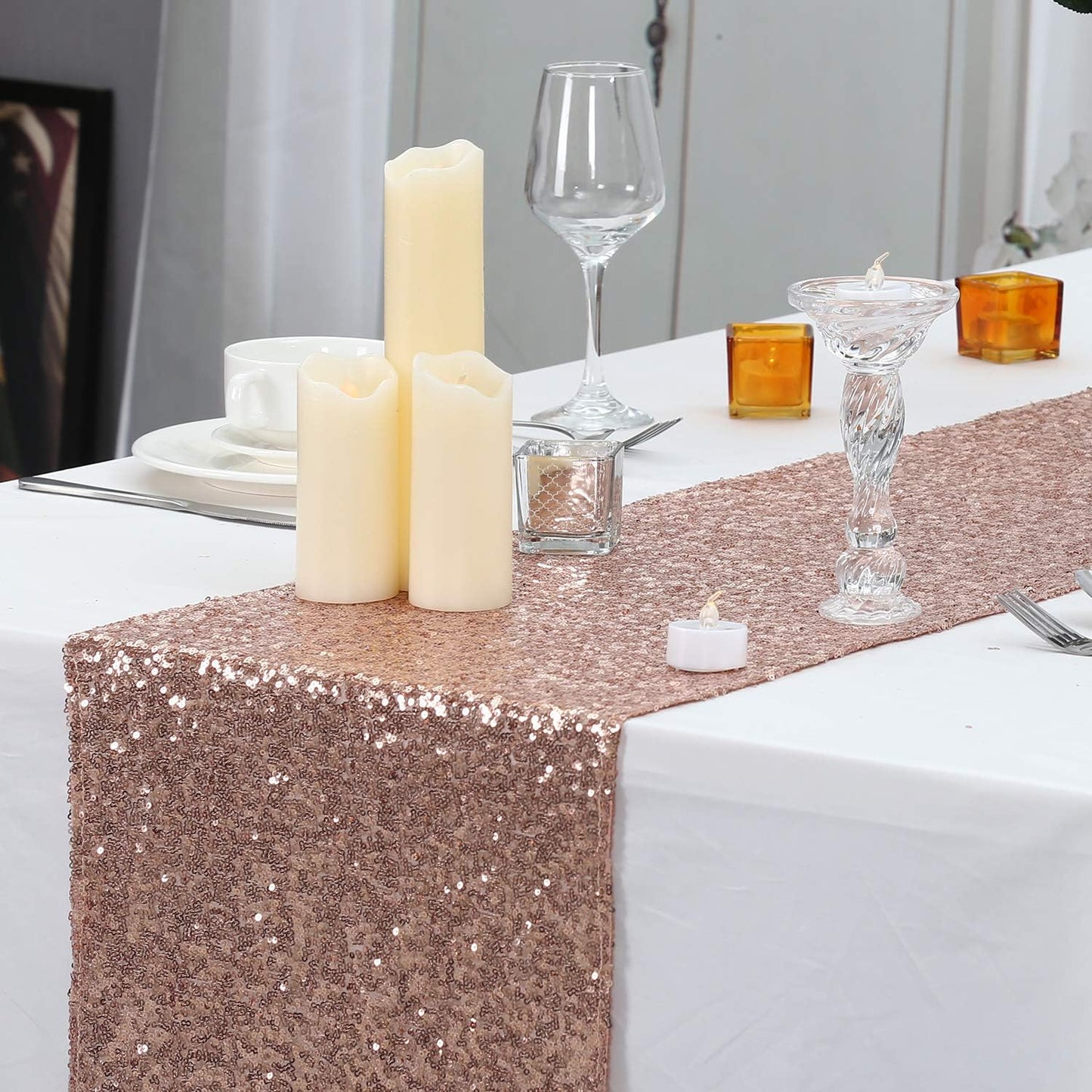 PartyDelight 12" X 72" Rose Gold Sequin Table Runner for Wedding Party Bridal Baby Shower Events