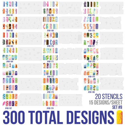Custom Body Art Airbrush Nail Stencils - Nail Art Stencils Set #9: 300 Unique Designs from 20 Individual Templates
