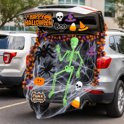 Suncalla Halloween Golf Cart Decoration Kit-Halloween Car Decorations-Skeleton Glow in Dark, Fake Spider Web, Spider, Purple Garland, Sticker for Trunk or Treat Parade Indoor Outdoor Golf Cart Party