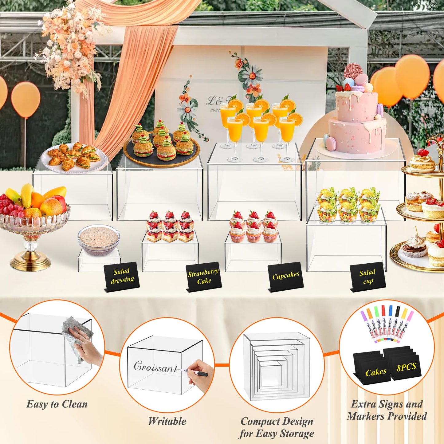8 Pcs Clear Acrylic Buffet Risers with Mini Sign and Maker,Buffet Risers and Stands Clear Food Display Risers for Buffet Table Party Catering Dessert Cupcake Collectibles (8" 7" 6" 5" 5" 4" 4" 3")
