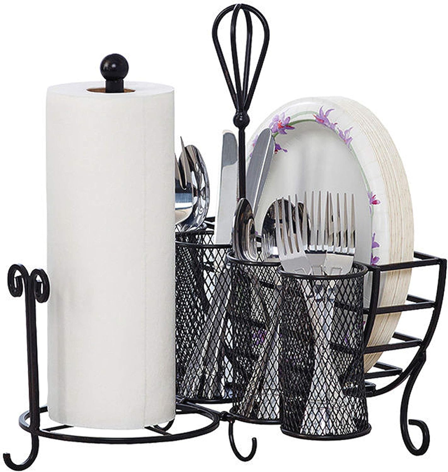 15 14 13 Mikasa Gourmet Basics Avilla Picnic Caddy, Antique Black Finish, Paper Plate Organizer with Flatware Canisters