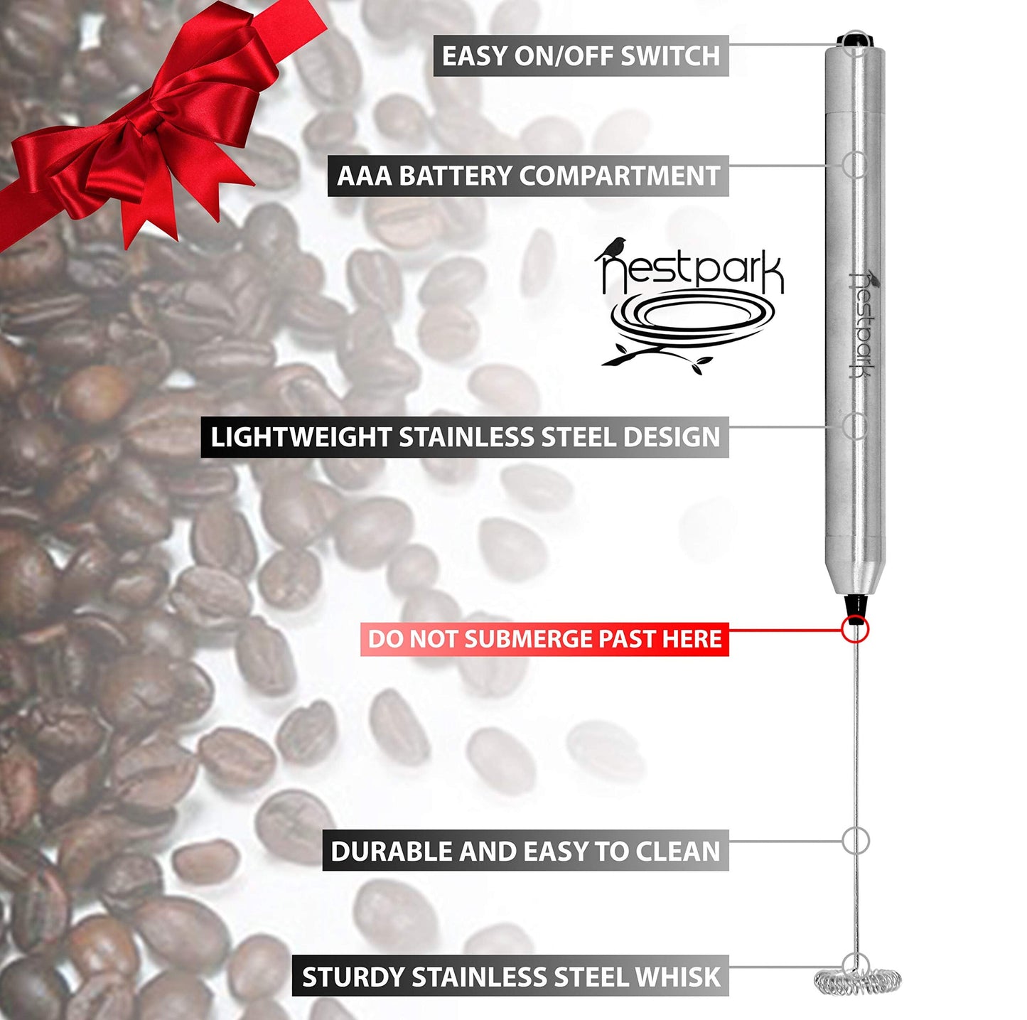 Nestpark Portable Drink Mixer and Milk Frother Wand - Small Hand-Held Mini Mixer Electric Stick Blender - Bulletproof Keto Coffee Blender Rapid Emulsifier - Cordless and Battery Operated