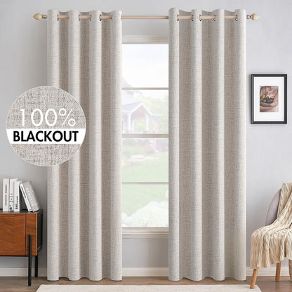 MIULEE 100% Blackout Linen Textured Curtains - Thermal Insulated Ivory Grommet Drapes | 52 x 108 Inch (2 Panels)