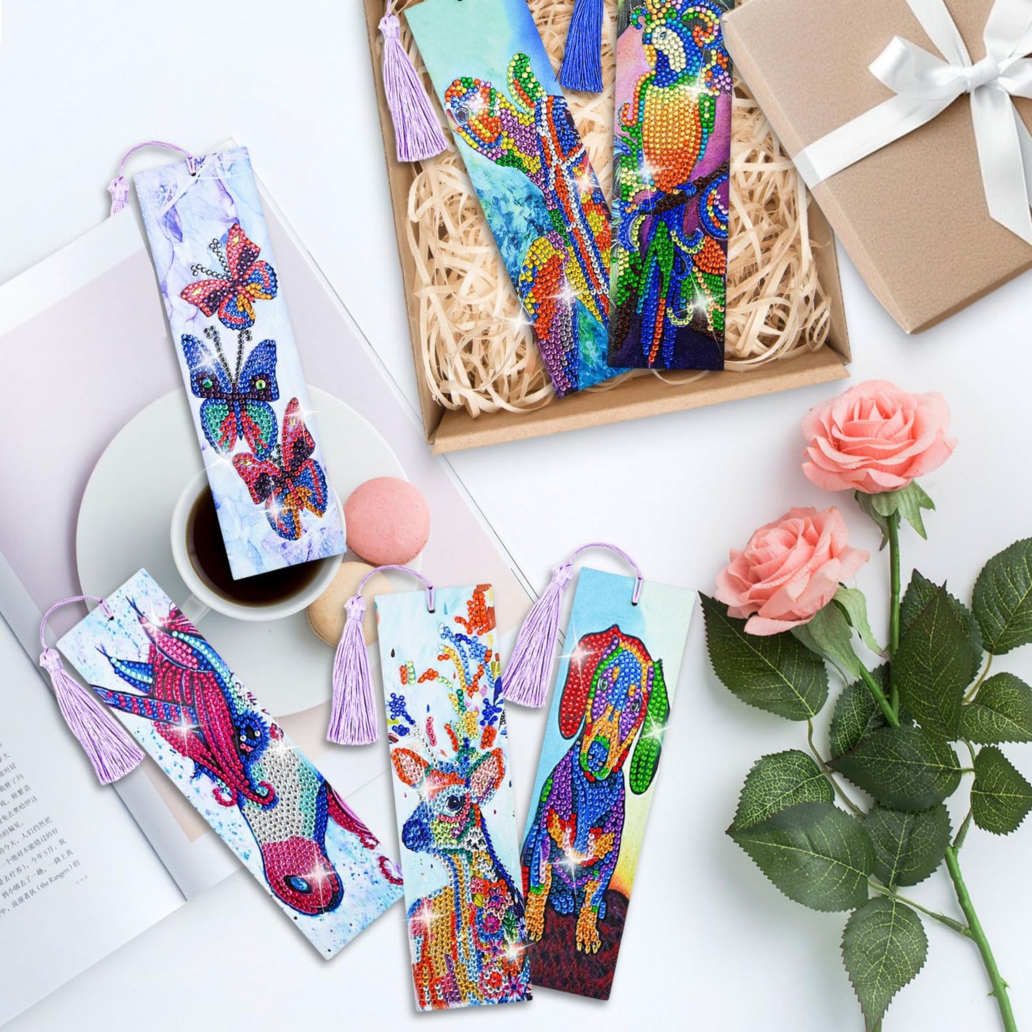LINGFANG 6 Pcs Diamond Painting Bookmark, Animal DIY Book Makers for Adults Book Lovers, Diamond Art Beginners, Small Diamond Art Kits, Paint by Art Crafts Supplies Gift for Women Girls (Dog)