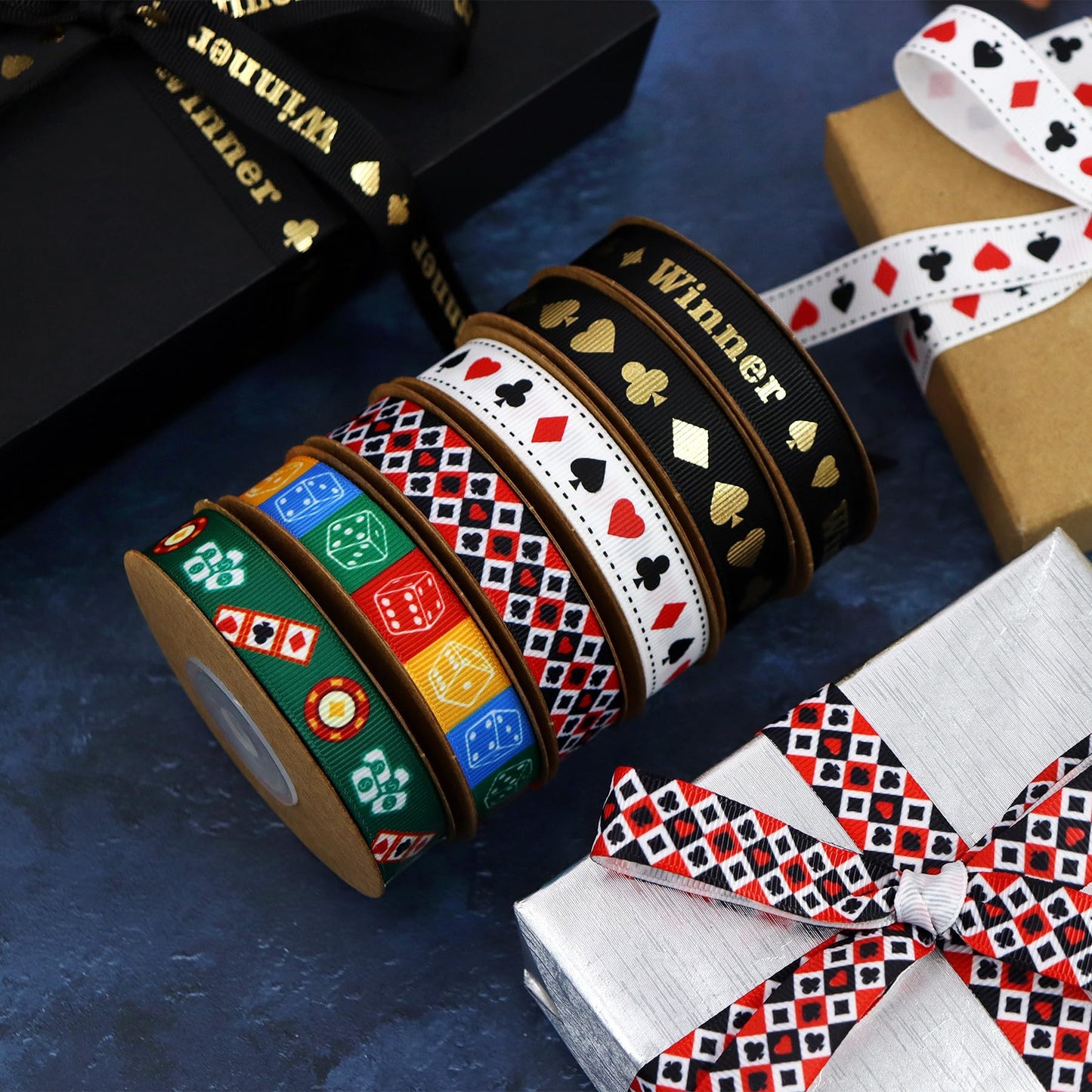 YERELO 10Yardx6 Rolls Grosgrain Ribbons Mixed Style 5/8" X 60 Yards Poker Ribbon for Crafts,Wreath,Gift Wrapping,Birthday Shower Party Decoration and DIY Handmade Hair Bows