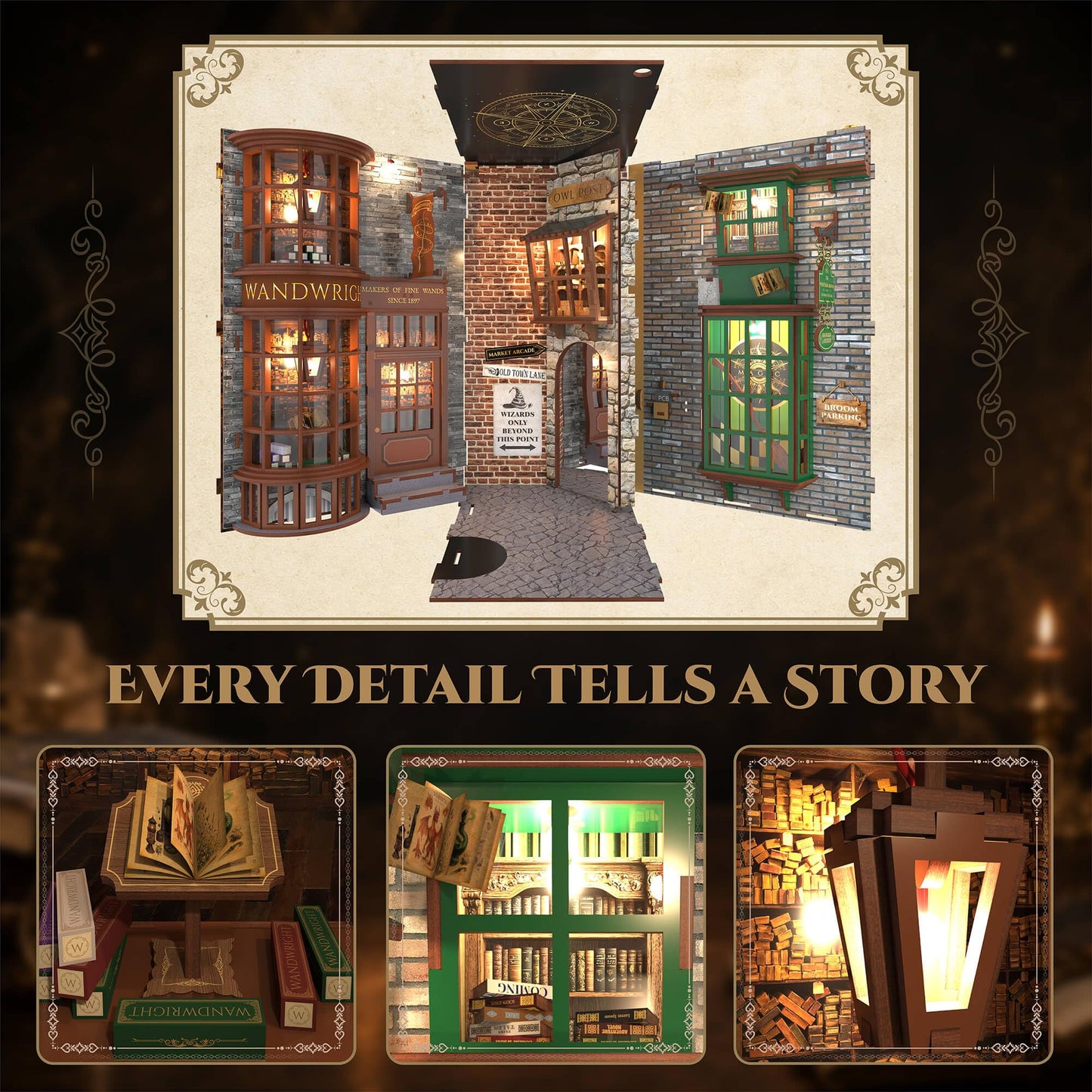 Magic Alley Book Nook Kit Miniature DIY House 3D Wooden Building Puzzle with Layered LED Lighting for Adults, Craft Gift Ideas for Fantasy Book Lovers Crafters