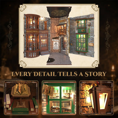 Magic Alley Book Nook Kit Miniature DIY House 3D Wooden Building Puzzle with Layered LED Lighting for Adults, Craft Gift Ideas for Fantasy Book Lovers Crafters