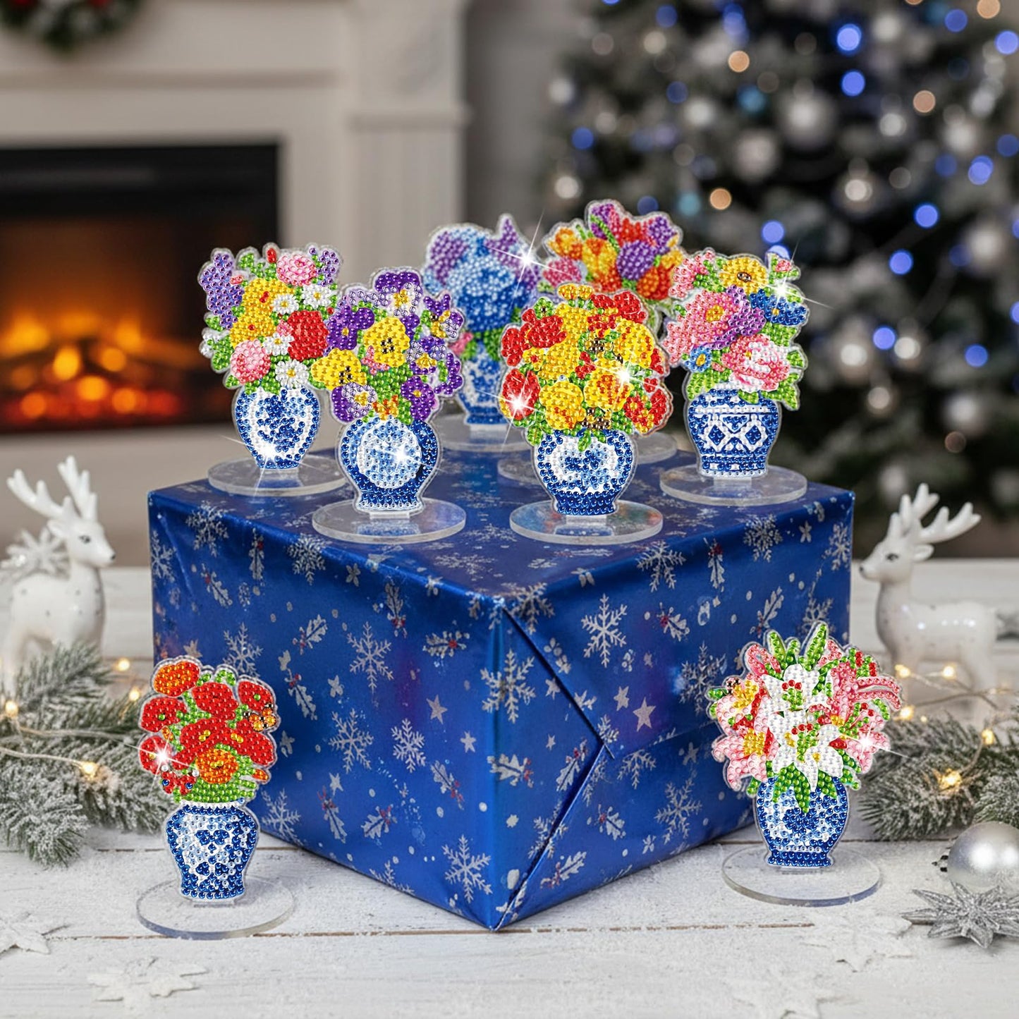 Kosiz 9 Pcs Spring Diamond Painting Tabletop Decoration, Double-sided Acrylic Chinoiserie Porcelain Diamond Art Kit for Adult, DIY 5D Rhinestone Blue White Flower Centerpiece for Table Home Desk Decor