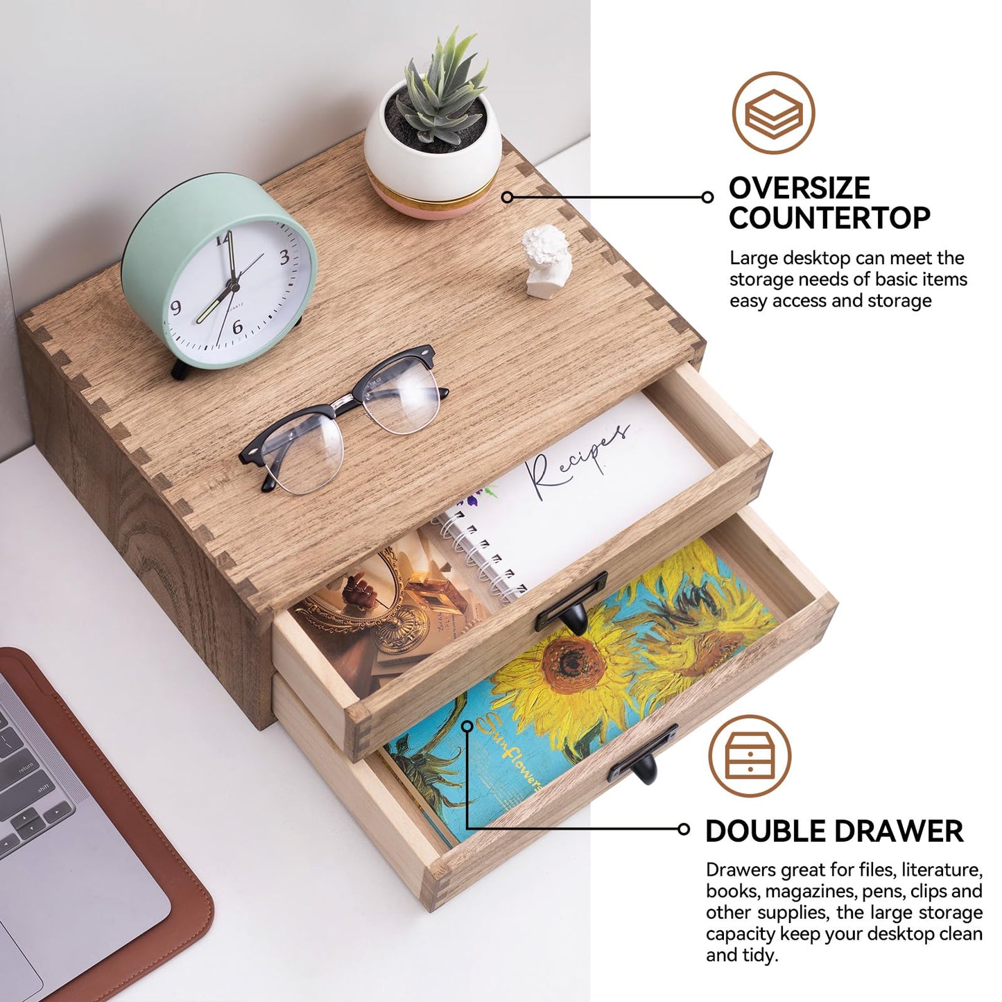 KIRIGEN Wooden Desk Organizer with 2 Drawers, Wood Desktop Storage Cabinet, Shallow Office Drawer Organizer for Printer Paper and Mail, No Assembly, 13.78 W x 10.6 D x 5.9 H In, FAX-DBR