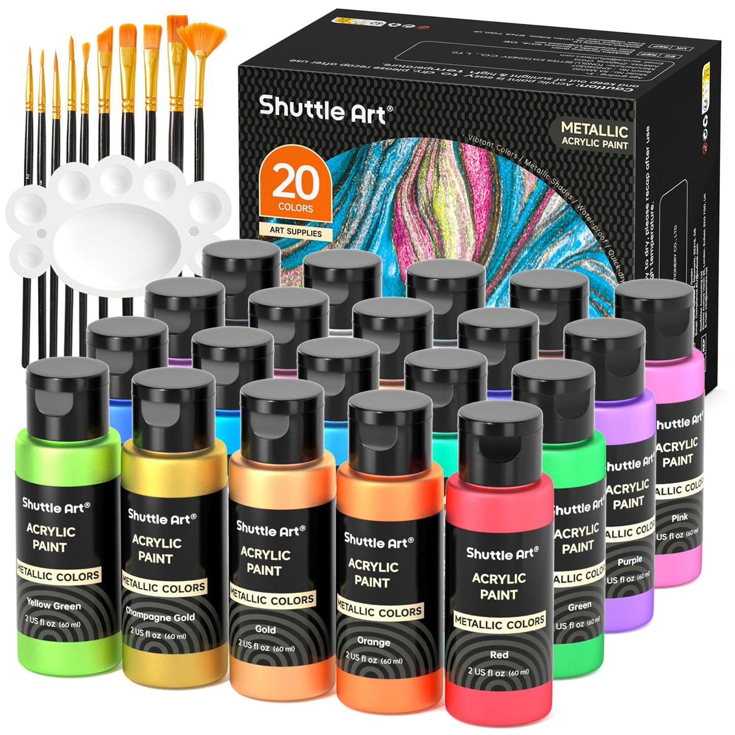 Shuttle Art Metallic Acrylic Paint Set, 20 Colors Metallic Paint in Bottles (60ml, 2oz) with 10 Brushes and 1 Palette, Rich Pigments, Non-Toxic for Artists, Beginners on Rocks Crafts CanvasWood Fabric