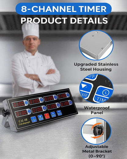 EVEDMOT Commercial 8 Channels Digital Kitchen Timer, Stainless Steel Calculagraph Timer with Loud Alarm for Restaurant, Clock Reminder on Multiple Events