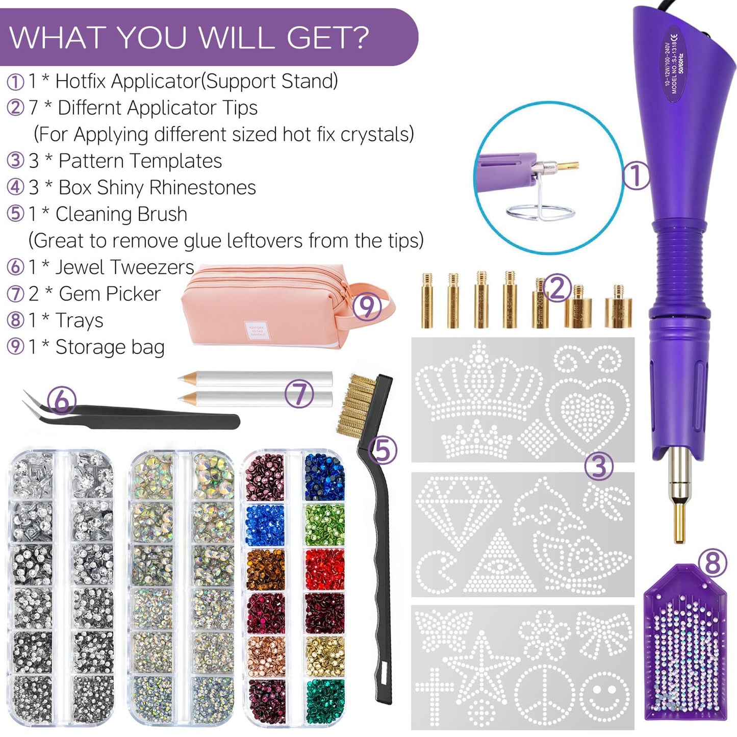 Hotfix Rhinestones Applicator Kit Set 4500 Pcs Crystals (White/AB/Multi-Color) - Bedazzler DIY Craft Includes 19 Pattern Templates, Tweezers, Brush, Storage Bag - for Clothes, Fabric, Jeans (Purple)