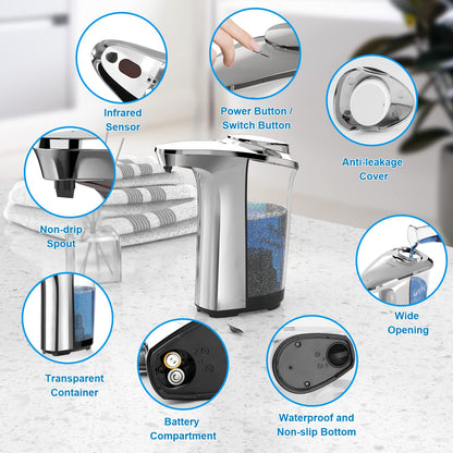 PZOTRUF Automatic Soap Dispenser, Touchless Dish Soap Dispenser 17oz/500ml with Infrared Sensor, 5 Adjustable Soap Levels, Liquid Dispenser for Bathroom Kitchen (Silver)