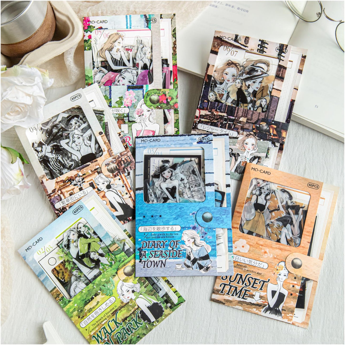 Dwpetzo 240 Pieces Aesthetic Scrapbook Sticker Set, Assorted Landscape Romantic Encounter Scenes PET People Stickers for Journaling, Scrapbooking, Junk Journal Supplies, Collage, DIY Crafts Arts