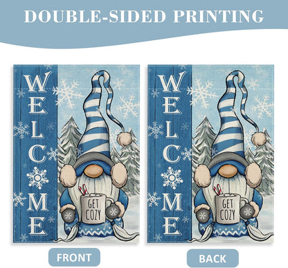 Welcome Winter Gnome Decorative Garden Flag, Blue Christmas Holiday Seasonal Burlap, 12 x 18 Double Sided Yard Decor
