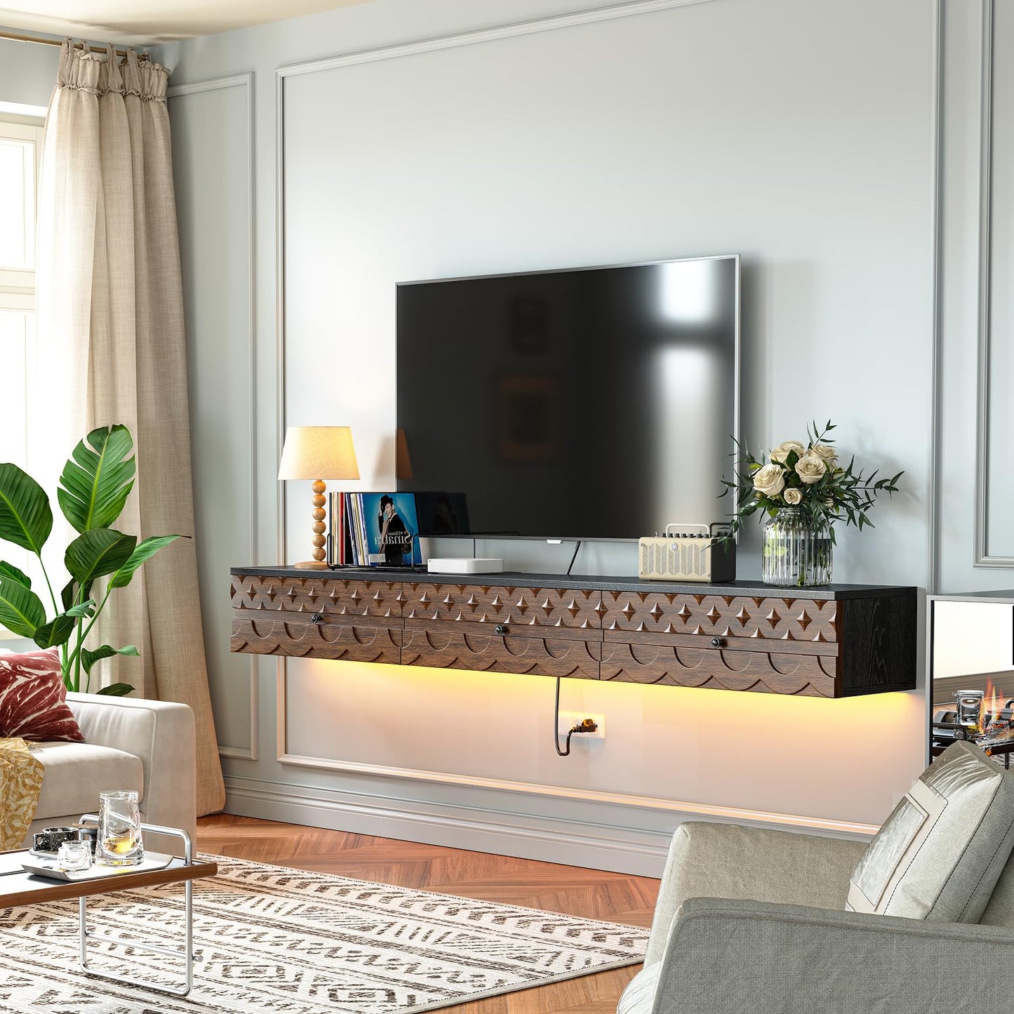 FurniNova Fully Assembled Floating TV Stand, 55 inch Wall Mounted Media Console with Carved Solid Wood Doors & 2 Drawers, Plywood Entertainment Center for Living Room, Black & Walnut