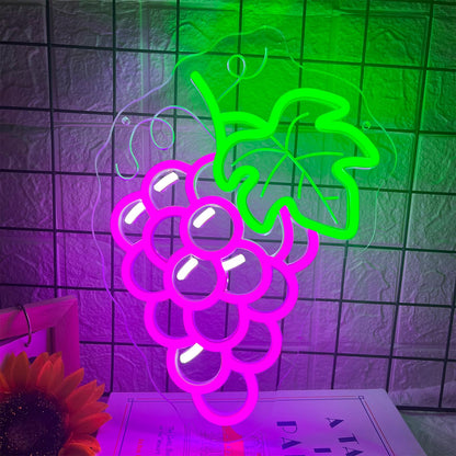 Grapes Neon Sign for Wall Decor, Dimmable Purple Grape Fruit Neon Lights, Vibrant Fruit Themed Neon LED Signs for Kids Room, Bedroom, Restaurant, Bar, Club, Fruit Shop, Birthday Party