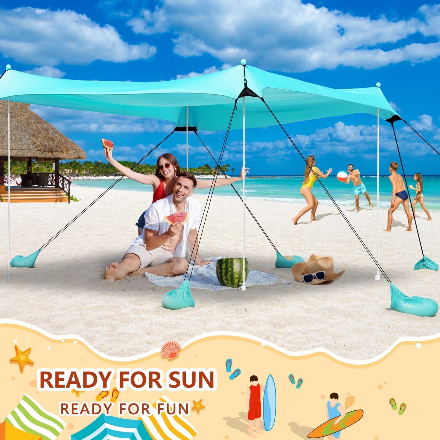 Beach Tent, Camping Tent UPF50+ with 8 Sandbags, Beach Essentials for 6-12 Persons, Beach Shade Canopy with Stability Poles and Big Ground Pegs, Pop Up Canopy for Camping, Picnics, 10X10FT Turquoise