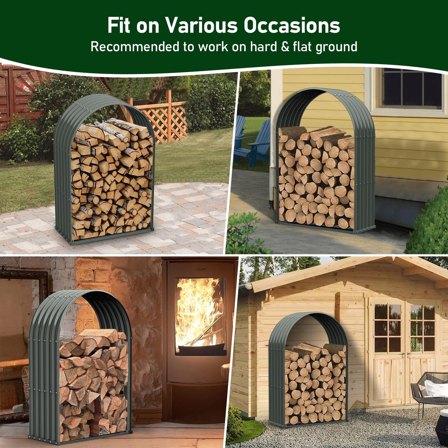 A ANLEOLIFE 6-Set Galvanized Steel Firewood Storage Rack with Weatherproof Corrugated Roof, Heavy Duty Outdoor Log Holder for Patio Porch Fire Pit, Arch Gray