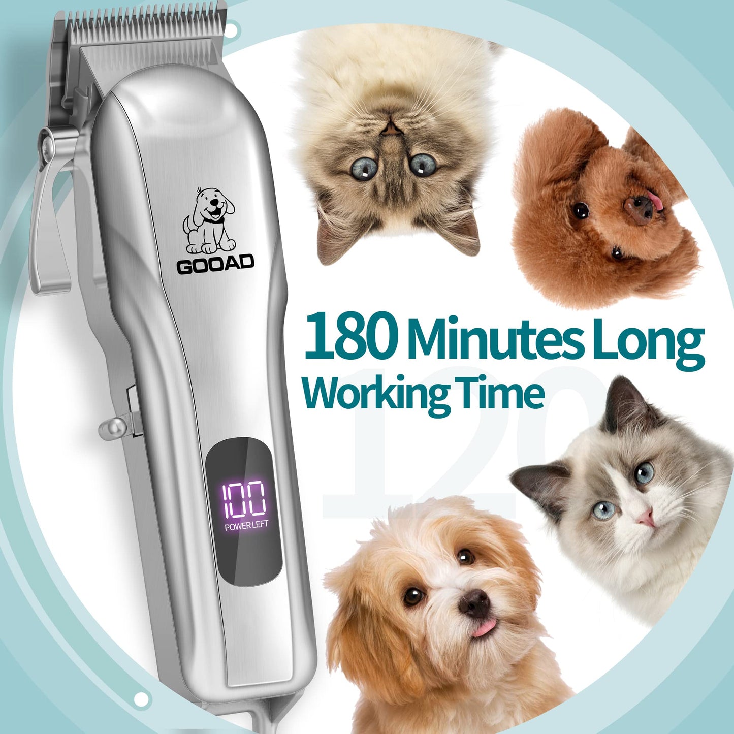 Gooad Dog Clippers for Grooming for Heavy Thick Hair&Coats, Dog Hair Trimmer,Low Noise Rechargeable Cordless Dog Grooming Kit Pet Shaver for Small Large Dogs Pets (Sliver)