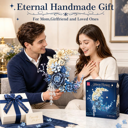 Sahteg 934PCS Blue Moon Flower Building Blocks Kit for Adults, Crescent Moon Botanical Art Display, Artificial Flowers Building Set for Home Décor Wall Art Decoration