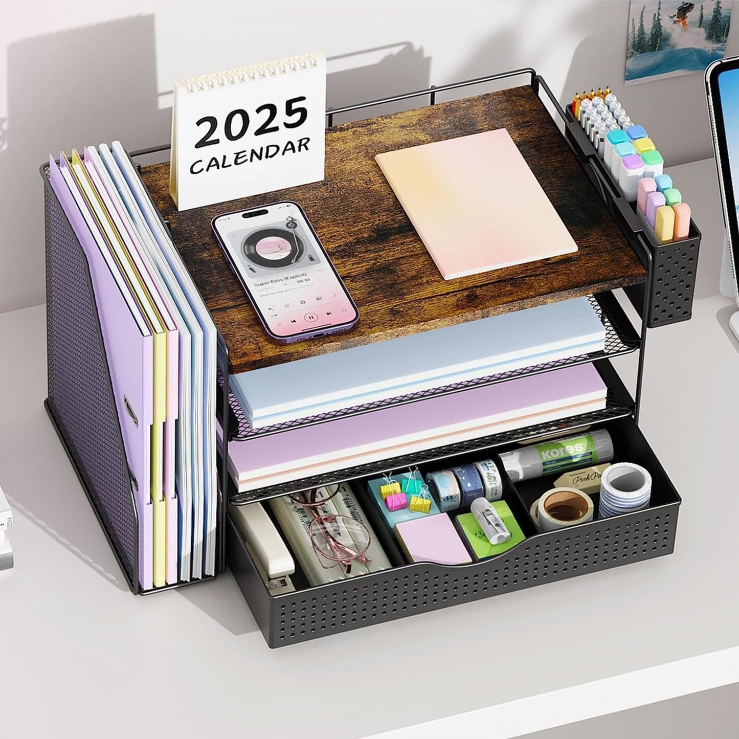 gianotter Wood Desk Organizers and Accessories with File Holder, 4-Tier Desk Accessories & Workspace Organizers with Drawer and Pen Holder, Desk Reference Organizer (Wood, 4T with Drawer)
