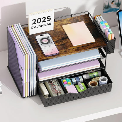 gianotter Wood Desk Organizers and Accessories with File Holder, 4-Tier Desk Accessories & Workspace Organizers with Drawer and Pen Holder, Desk Reference Organizer (Wood, 4T with Drawer)