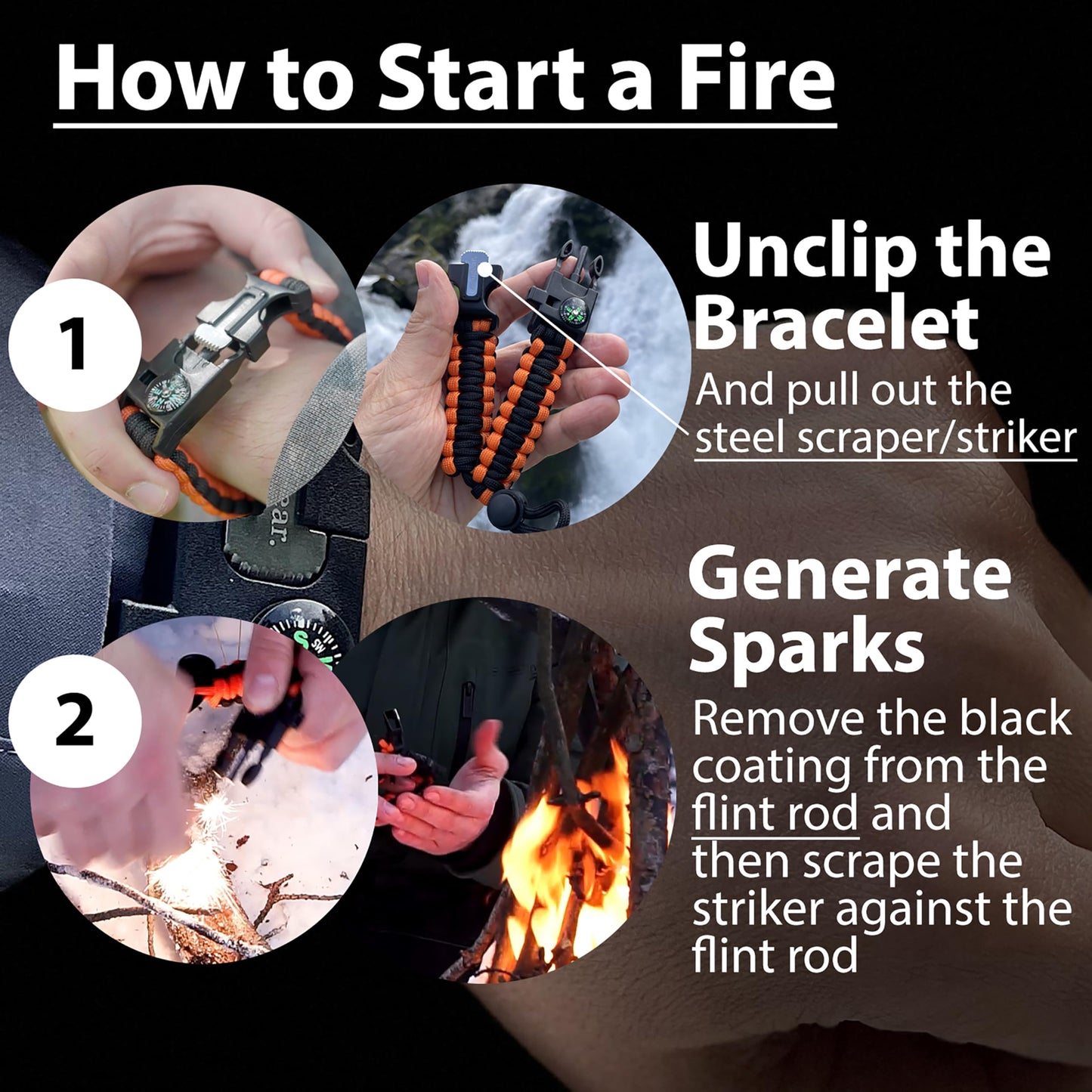 aZengear Paracord Survival Bracelet (2 Pack) | Flint Steel Fire Starter, Whistle, Compass, Mini Saw | Adjustable Wrist Band Size for Camping, Bushcraft, Emergency Kit (Black & Orange)