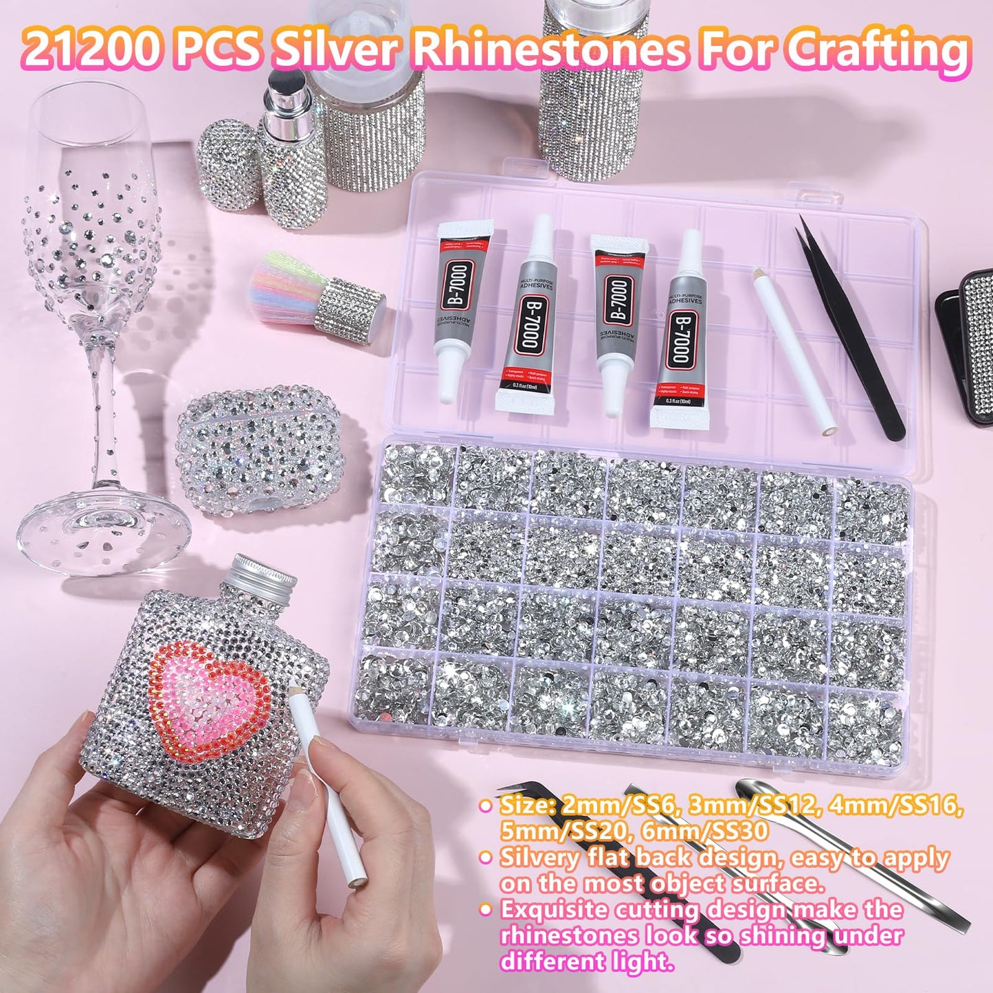 FANDAMEI 51200Pcs Bedazzling Kit, 30000Pcs 28 Colors Rhinestones for Bedazzling, 21200Pcs Silver Rhinestones, Bedazzling Gems with 4Pcs B7000 Glue and Rhinestone Tool, for Crafting Clothing Nail Art