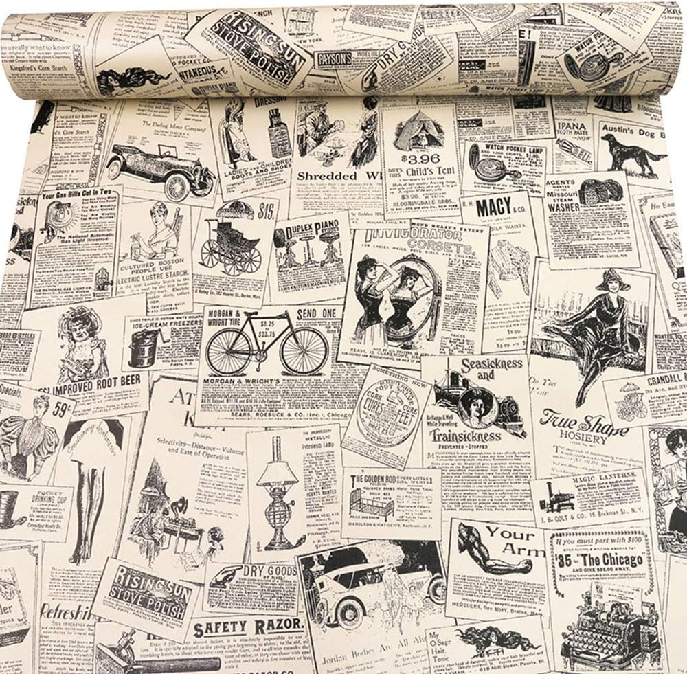 Self-Adhesive Vintage Newspaper Drawer Shelf Liner, 17.7x117 Inches, for Kitchen Bathroom Cabinets and Crafts