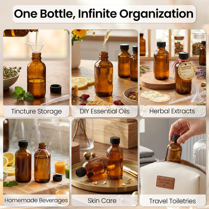 TBWIND 54 Pack 2oz Amber Glass Boston Round Bottles with Airtight Polycone Caps, Travel Size Glass Bottles for Essential Oils, Perfume, Vanilla Extract, Tinctures & DIY Samples