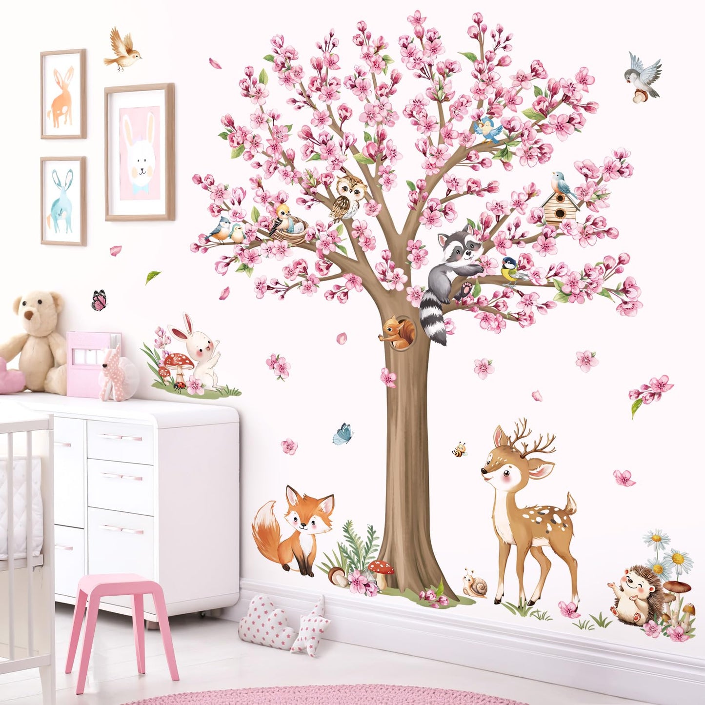 decalmile Woodland Animals Large Flower Tree Wall Decals Cherry Blossom Deer Fox Wall Stickers Baby Nursery Kids Bedroom Living Room Wall Decor