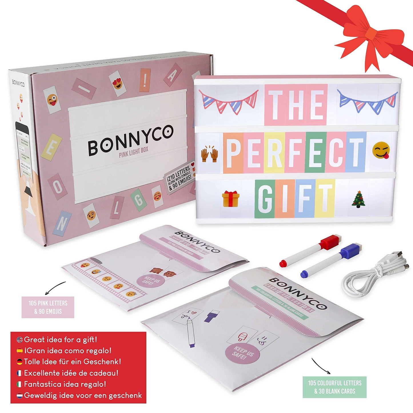 BONNYCO Pink Cinema Light Box with 400 Letters, Emojis, 2 Markers. Led Light Box Home Office and Room Decor, Cinema Led Sign Letters Board. Gifts for Women Girls Christmas Birthdays, Pink Decor