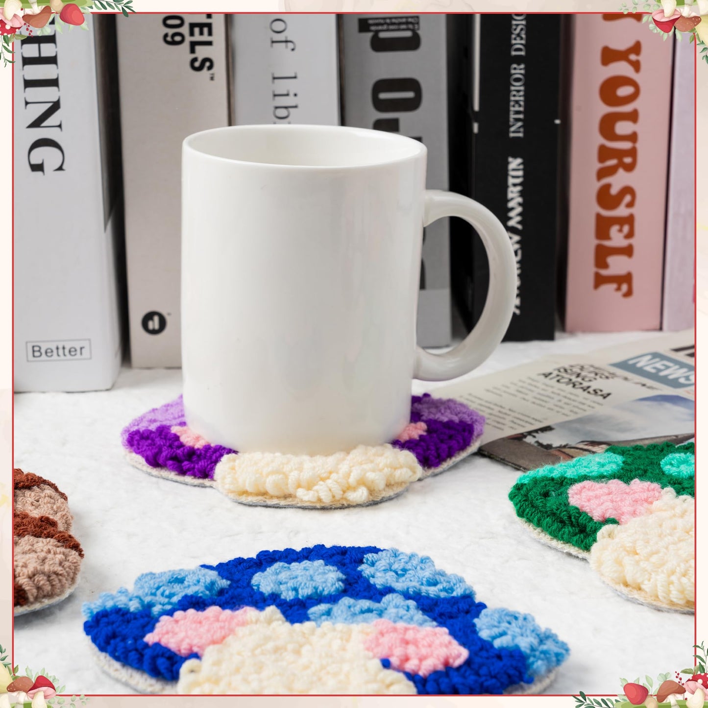 WATINC Punch Needle Coaster Kit - 22PCS Easy Art Work Decor Coasters Kits for Beginners DIY Mushroom Pattern Tufted Rug Pads with Adhesive Felt Yarns Embroidery Hoop Instruction 6 Set