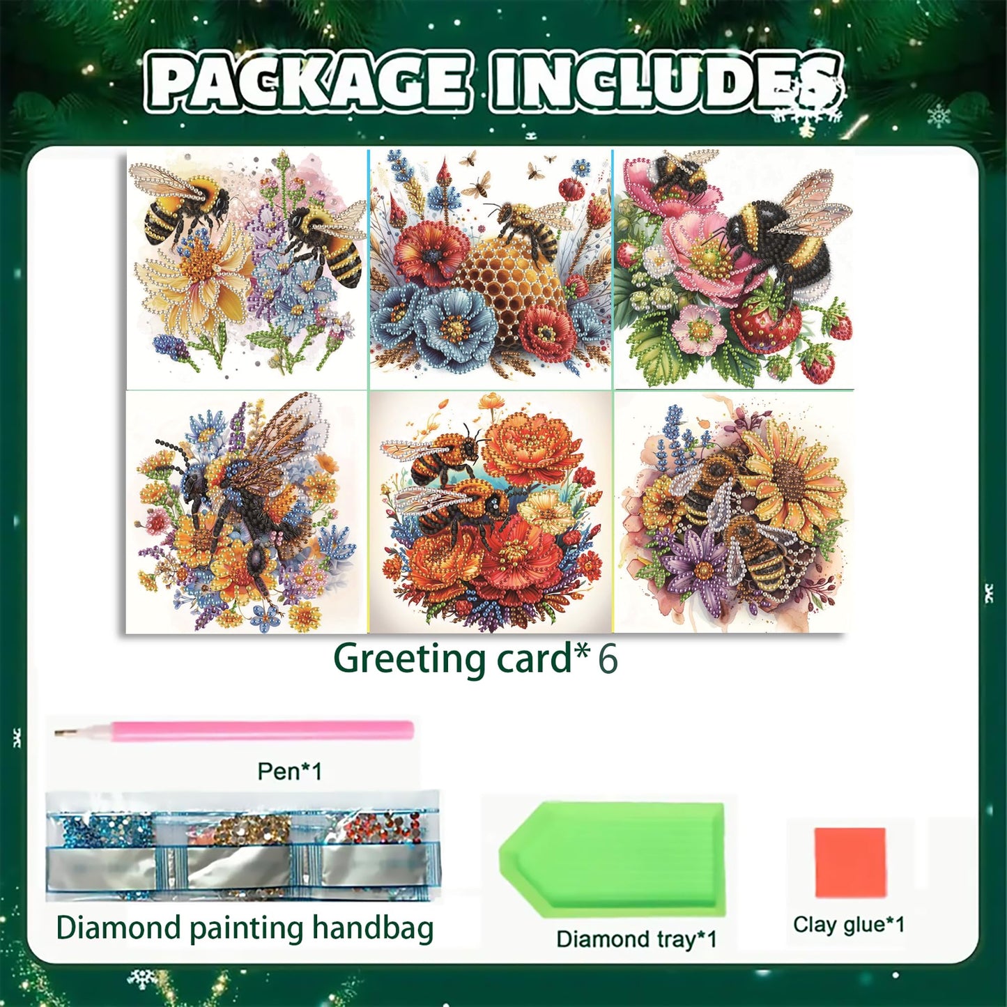 DIZAKIM 6 Pieces Christmas Theme Design Diamond Painting Greeting Card Set, DIY 5D Unique Rhinestone Art Embellishment Mosaic Christmas Greeting Card Crafts, Mosaic Handmade Creative Postcards (#10)