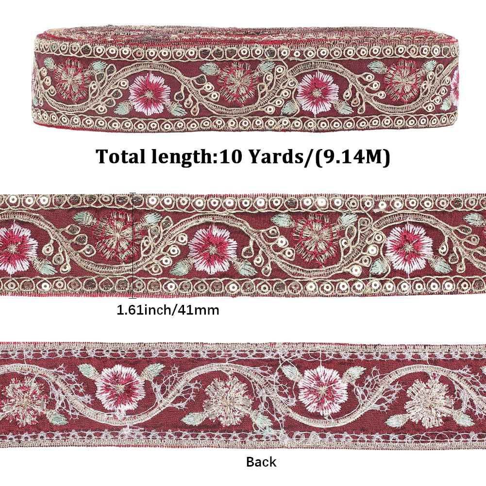 CABODYALS 10 Yards 1.6 Inch Dark Red Embroidered Ribbon Metallic Sequin Gold Floral Jacquard Trim Tape Polyester Flower Woven Embroidery Applique Ribbons for Sewing Making Clothes Crafts Dresses Decor