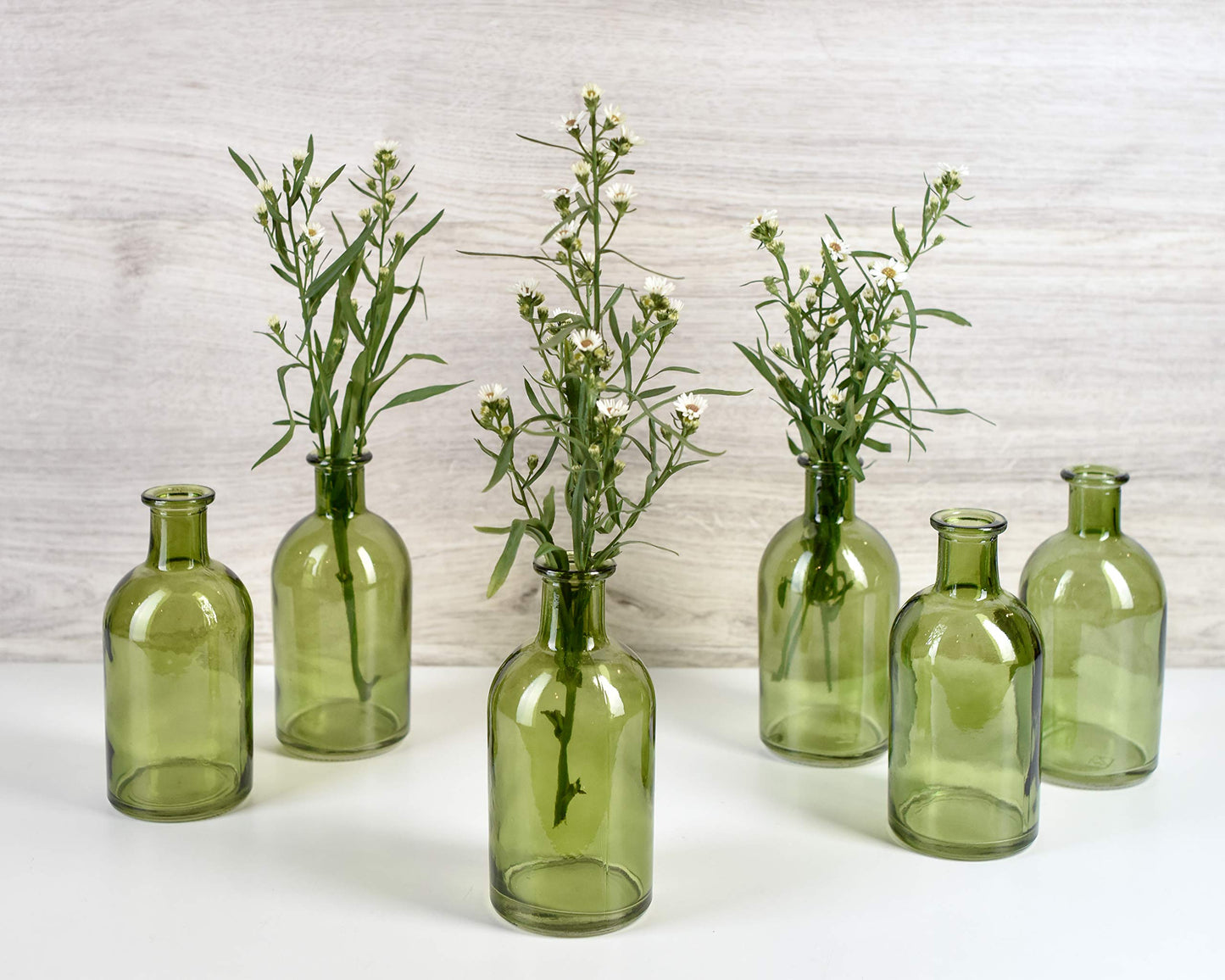 Serene Spaces Living Bud Vases, Apothecary Jars, Decorative Glass Bottles, Centerpiece for Wedding Reception, Mini Flower Vases, Small Medicine Bottles for Home Decor (Dark Green, Set of 6)