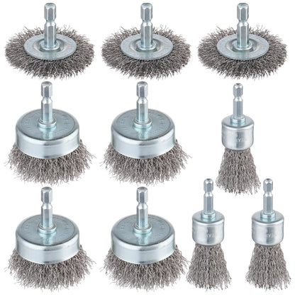 Rocaris 10-Pack Carbon Steel Wire Wheel, Cup, Pen Brush Set with 1/4-Inch Hex Shank for Rust Removal, Corrosion and Scrubbing Surfaces