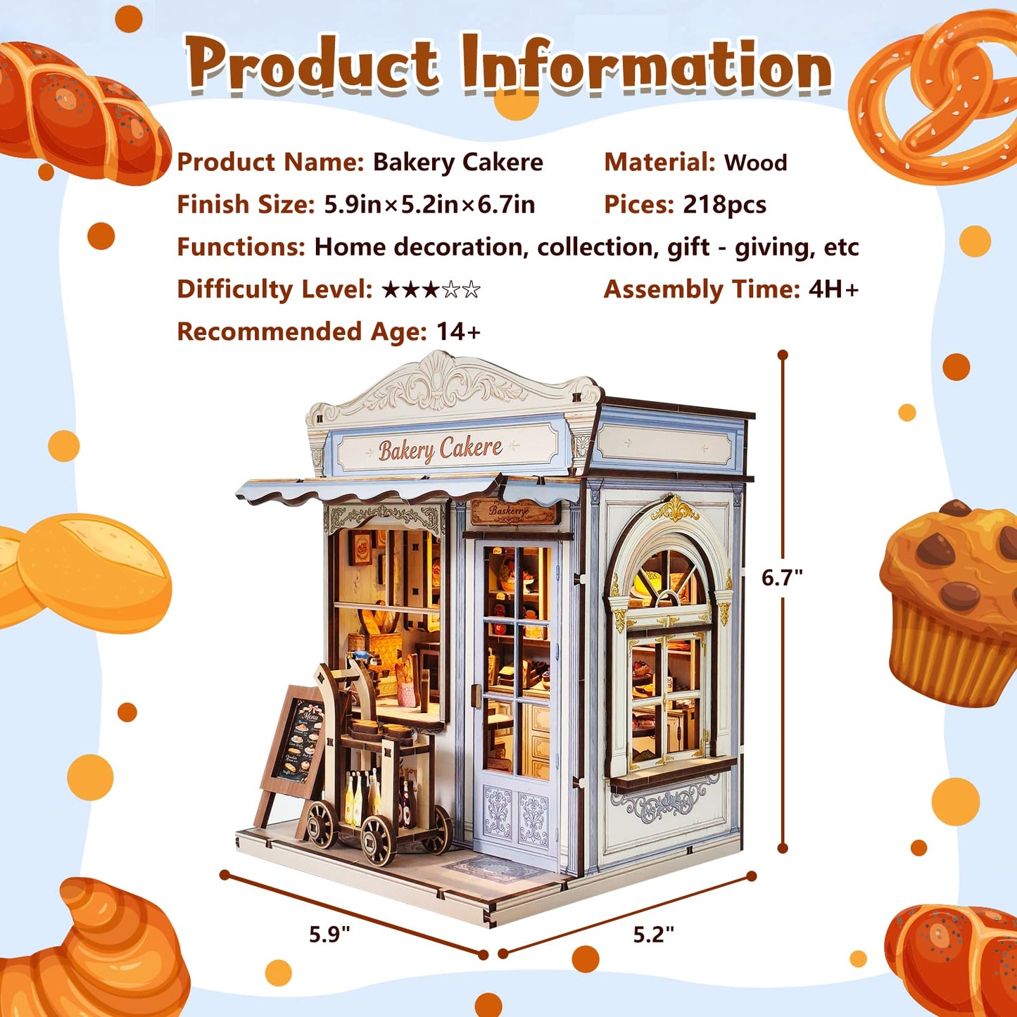 DIY Miniature House Kit, Bakery Book Nook Kit, 3D Wooden Puzzles Bookshelf Craft Kits, Dollhouse Kit with LED Light, Mini Building Kit for Adults Teen to Build(Bakery Shop)