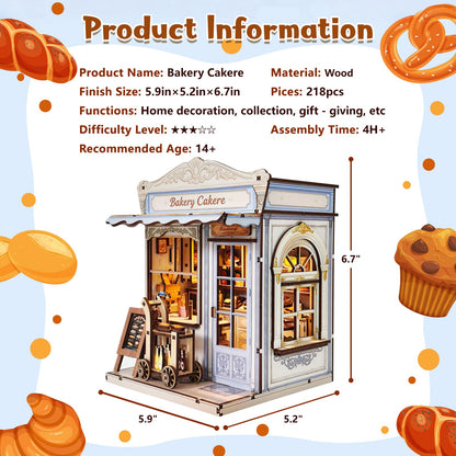 DIY Miniature House Kit, Bakery Book Nook Kit, 3D Wooden Puzzles Bookshelf Craft Kits, Dollhouse Kit with LED Light, Mini Building Kit for Adults Teen to Build(Bakery Shop)
