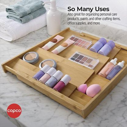 Copco 4 Tier Expandable Bamboo Spice Organizer for Drawers, Adjustable from 12.2 inch to 23 Inch, In Drawer Rack for Kitchen, Holds 32 Jars, Durable & Eco-Friendly Spice Storage Solution